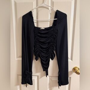 Free People Black Ruched Long-Sleeve Bodysuit